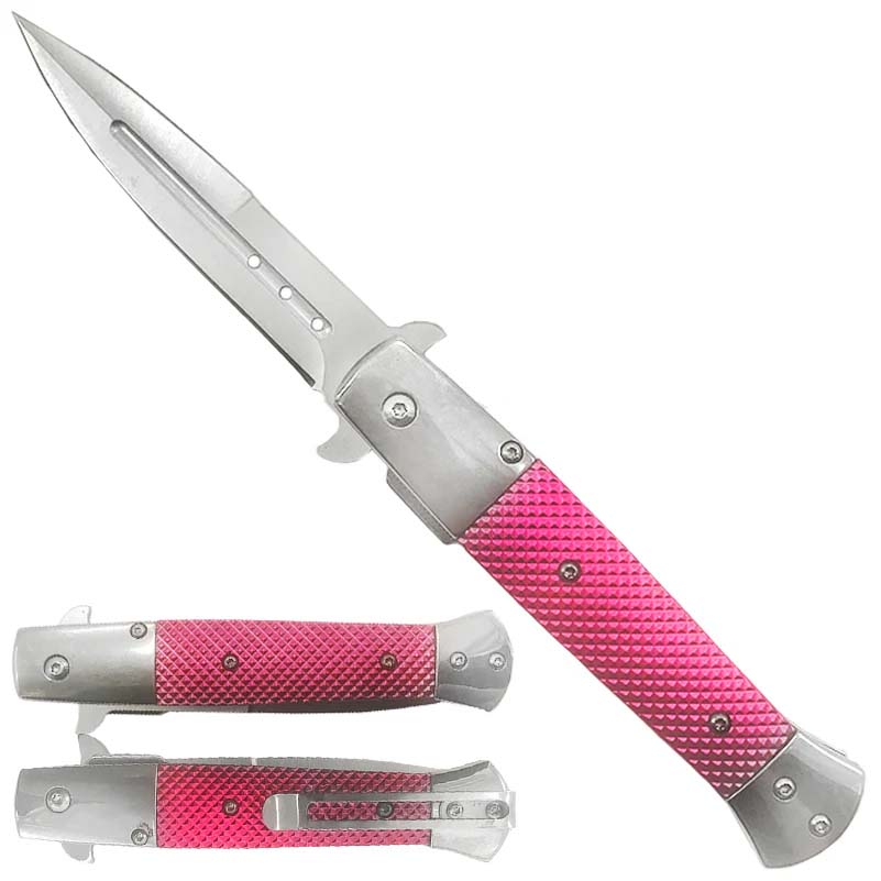 8" Spring Assisted Pocket Knife Stiletto Pink Handle