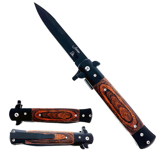 Falcon 9" Spring Assisted Stiletto Knife w/ faux Wood Acrylic handle.
