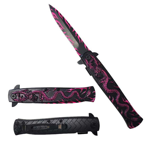 8" Pocket Knife Pink Dragon Handle