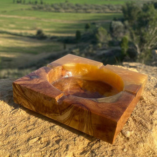 Olive Wood Orange Epoxy Ash Tray – Handcrafted Tunisian Ashtray, Resin & Olive Wood Collector’s Piece