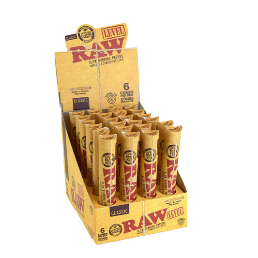 RAW | Classic Natural Pre-Rolled Level Cones 84mm w/26mm Spiral Tip [Pack of 6 | Display of 24]