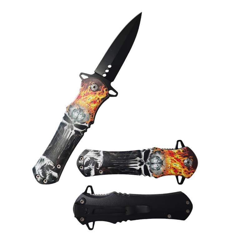 8" Black Blade / Skull Handle / Assisted Knife