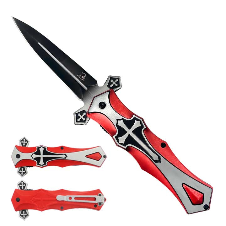 9" Spring Assisted Knife with cross Black Silver Red