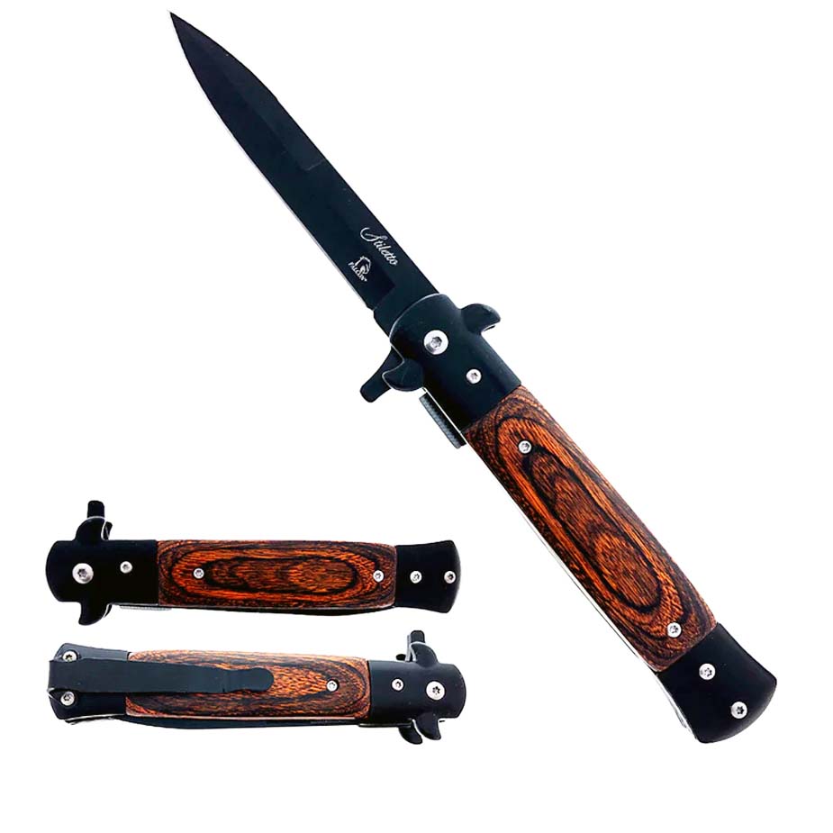 Falcon 9" Spring Assisted Stiletto Knife w/ faux Wood Acrylic handle.