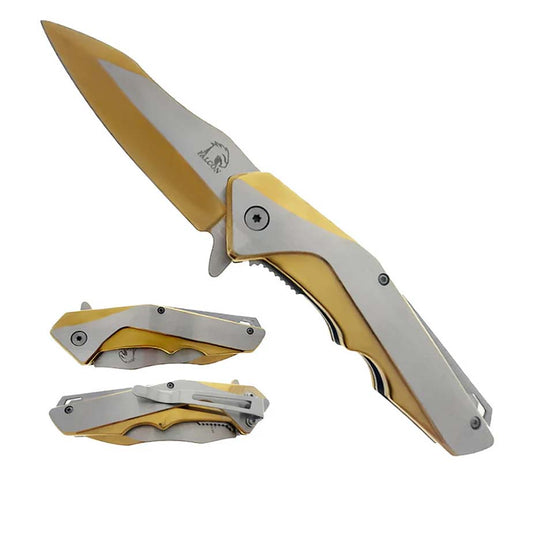 Falcon 8" Gold and Silver Spring Assisted Pocket Knife