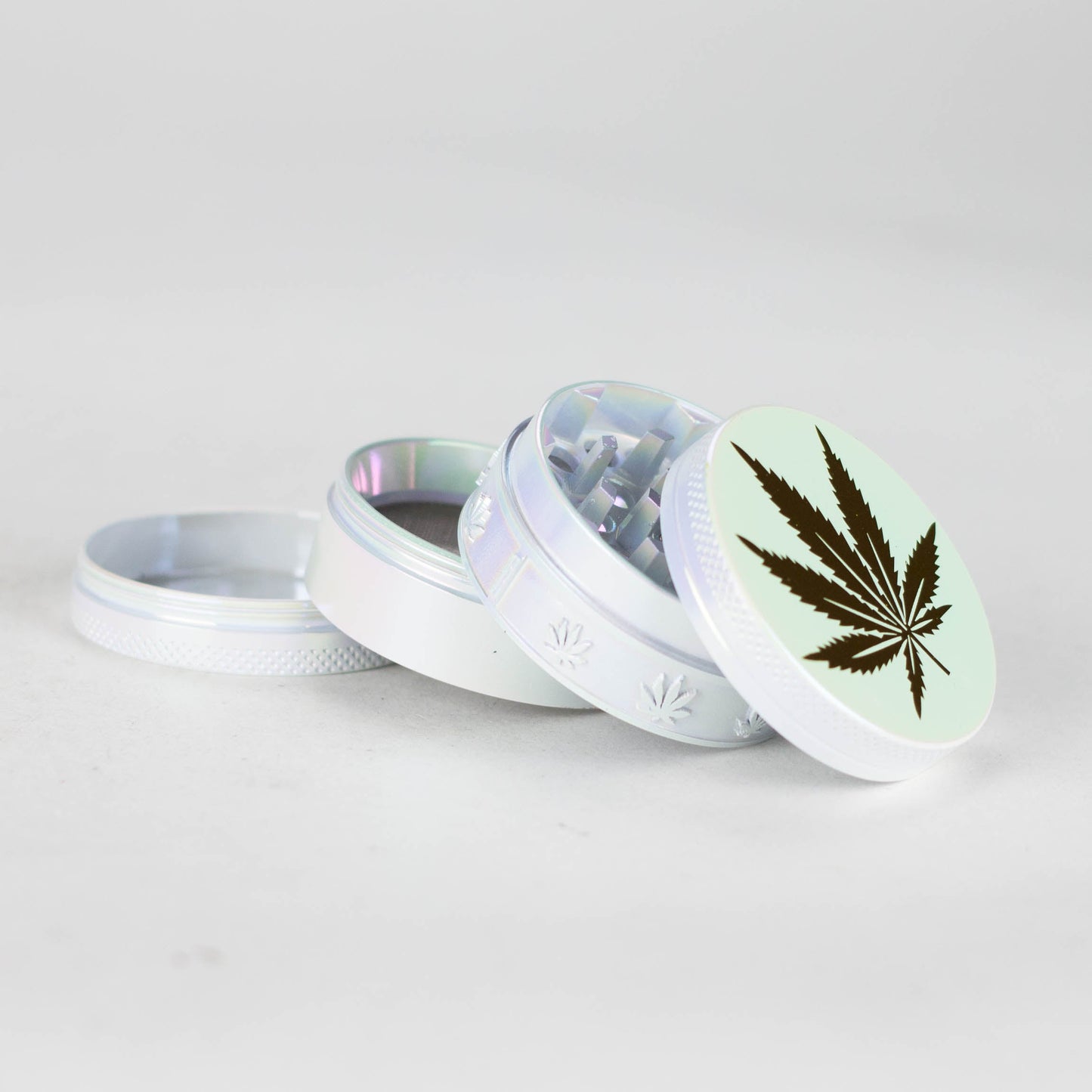 4 Parts Zinc grinder, White Rainbow Top Golden Stamp Leaf Design [AM50-4]