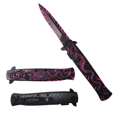 8"  Pocket Knife Pink Dragon Handle