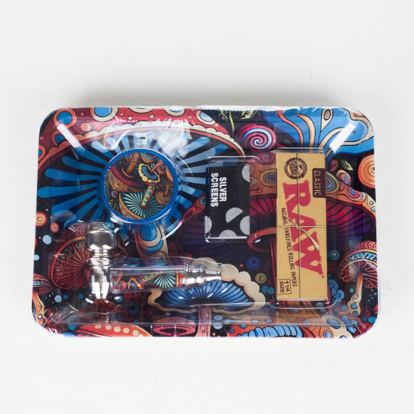 5-in-1 Magic Mushroom Metal Pipe Smoke Set – Grinder, Tray, Rolling Paper & More