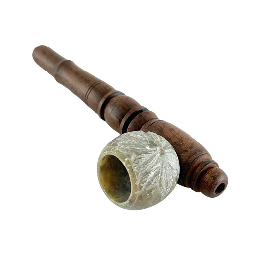 5" Wooden Pipe With Marble Bowl - Classic Long-Style Design-2CT