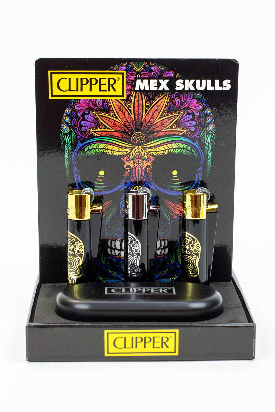 CLIPPER BLACK/GOLD SKULL CMP11 METAL LIGHTERS COLLECTION BOX OF 12