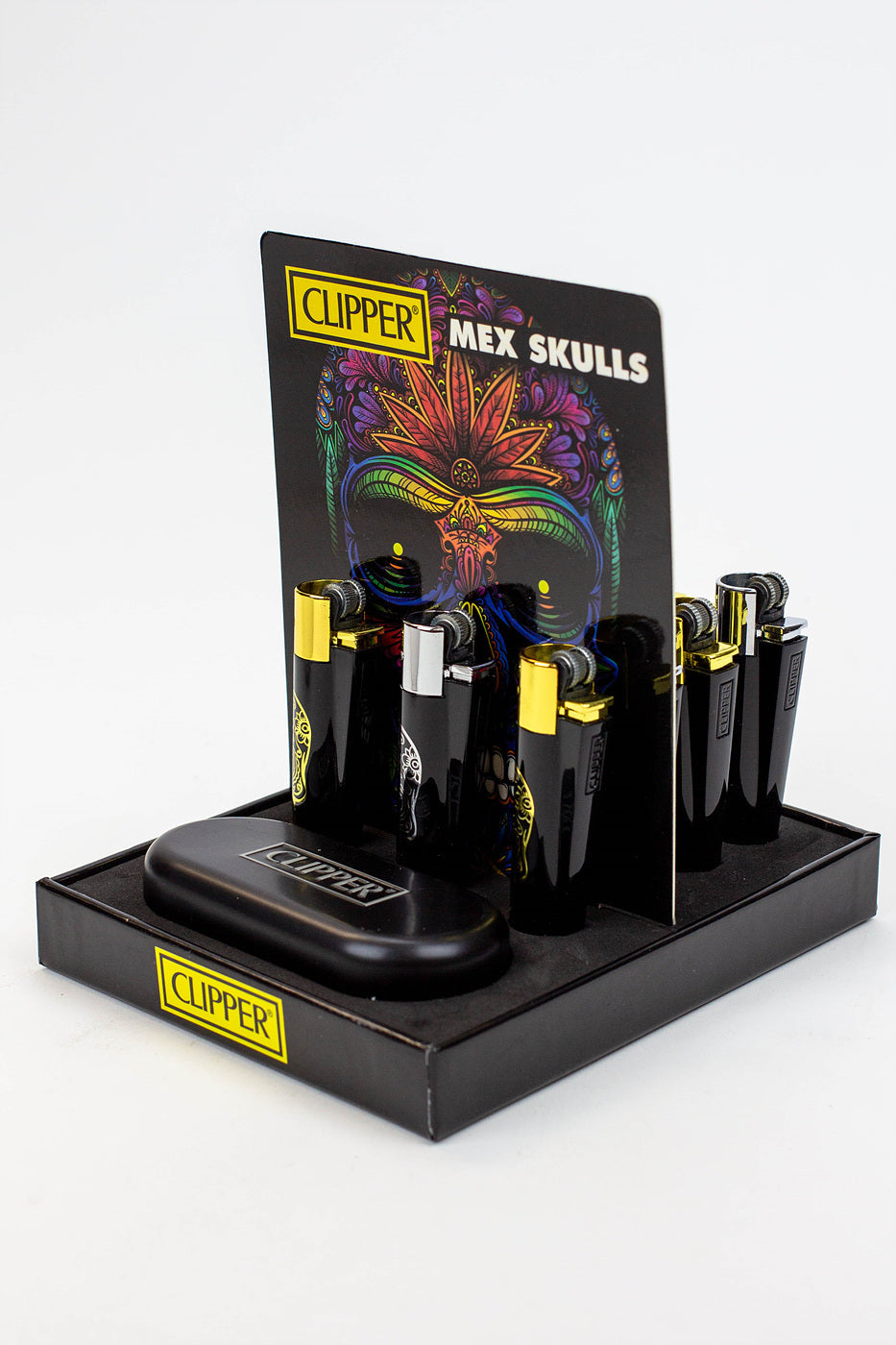CLIPPER BLACK/GOLD SKULL CMP11 METAL LIGHTERS COLLECTION BOX OF 12