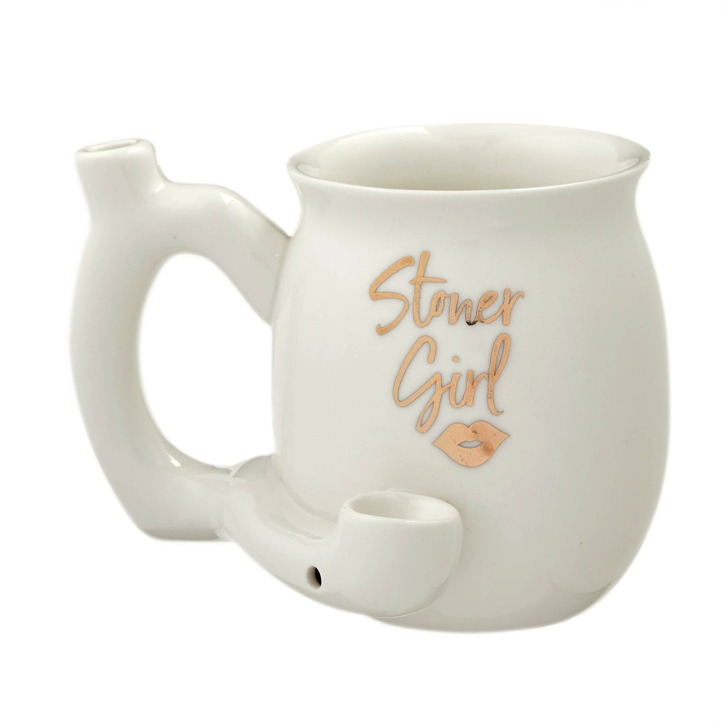 ROAST AND TOAST STONER GIRL PIPE MUG - WHITE WITH GOLD PRINT